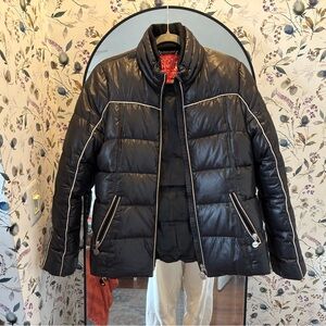Black Coach Poppy Collection Puffer Jacket with White Details